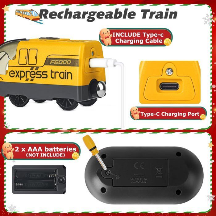 Remote Controlled Electric Train for Wooden Tracks, Motorized Train with 4 Sound and Light Effects for Children Ages 3, 4, 5+