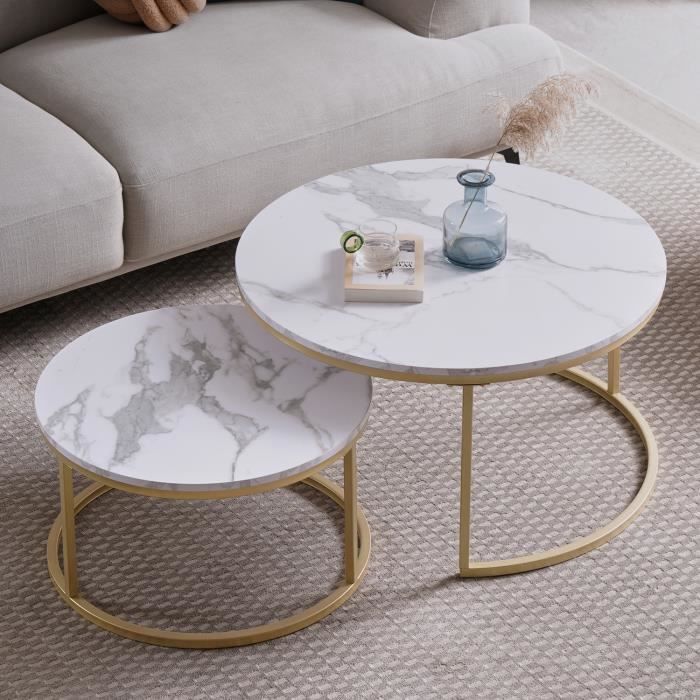 Mesa de centro redonda - Madeira, mármore e pés de metal - Conjunto de mesas de centro encaixáveis - Diâmetro 80/60 x Altura 45/33 cm