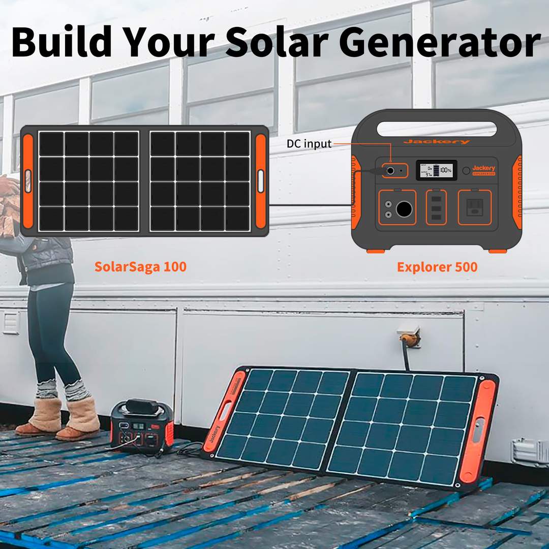 Jackery 500 aurinkogeneraattori (Jackery 500 + SolarSaga 100W)
