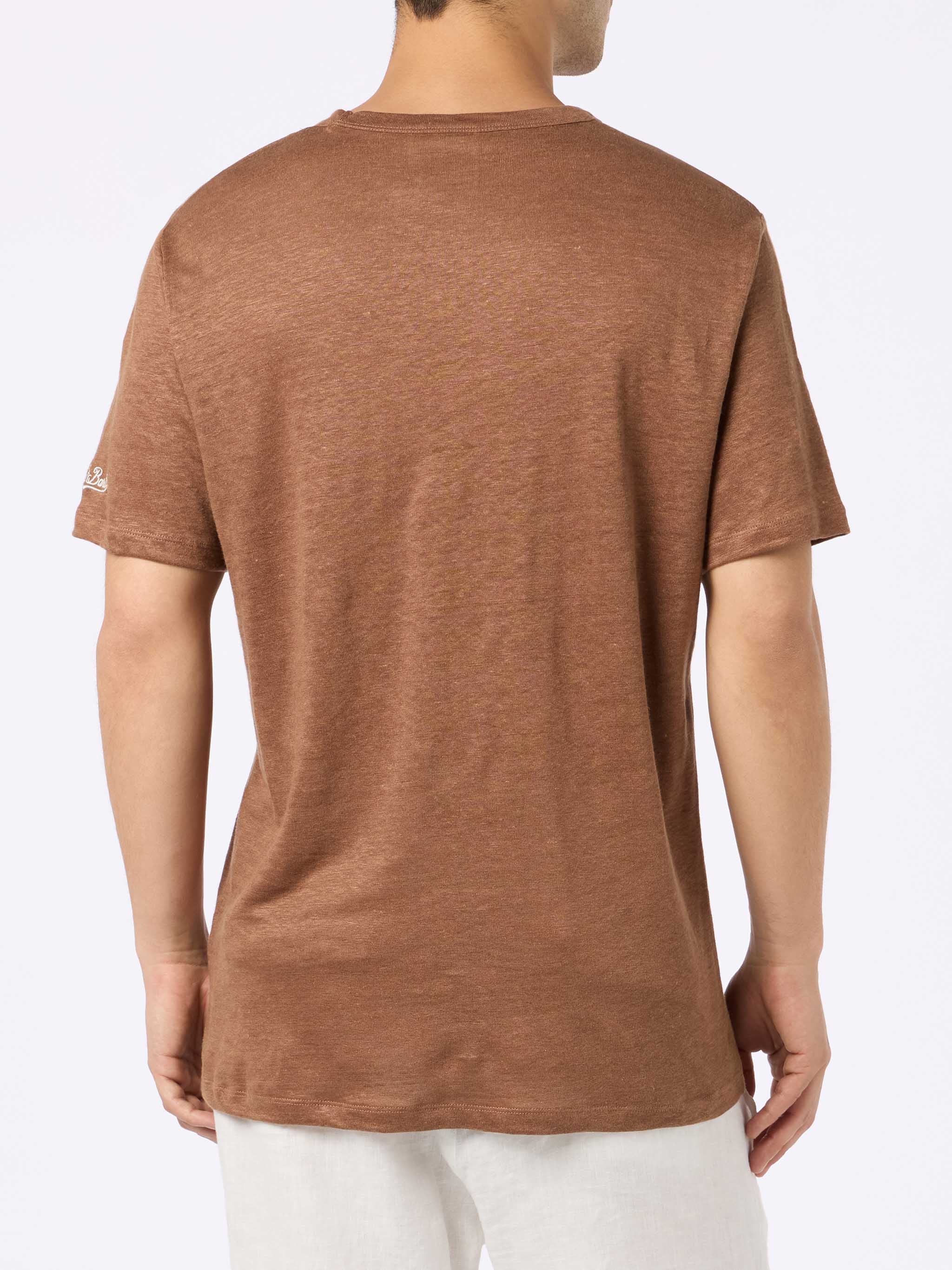 Ecstasea heren T-shirt van bruin linnen met zakje