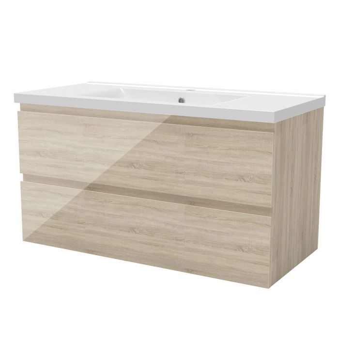 Mueble de baño AICA de 100 cm en roble Wotan brillante con 2 cajones de cierre suave y lavabo individual de cerámica.