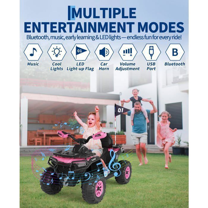 Coche eléctrico quad de 12 V - 2 motores de 35 W, mando a distancia parental, luces LED, música, Bluetooth, USB, bandera luminosa, a partir de 3 años - Rosa