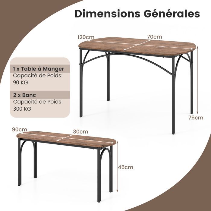 Mesa de comedor para 4 personas - RELAX4LIFE - Mesa de cocina con 2 bancos - Estructura metálica - Ahorra espacio - Capacidad de carga de 90 kg