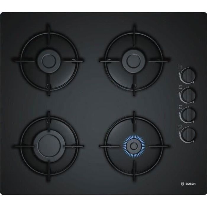 Placa de gas BOSCH POP6B6B10 - 4 quemadores - 7400W - 56 x 48 cm - Superficie de vidrio templado - Negra