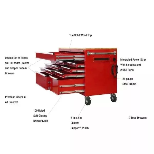 52 Zoll lang. 24 Zoll breit. D 9 Schubladen, leuchtend rot. Mobile Werkbank