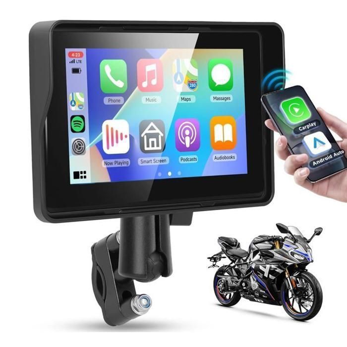 Sistema de navegación para motocicletas de 5 pulgadas con Bluetooth dual, GPS, CarPlay y pantalla táctil resistente al agua.