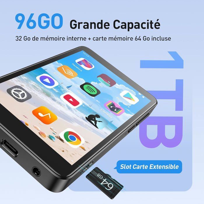 AGPTEK MP4 Bluetooth WiFi 96GB, reprodutor de música Spotify com Android 14, tela sensível ao toque IPS grande, compatível com instalação de aplicativos.
