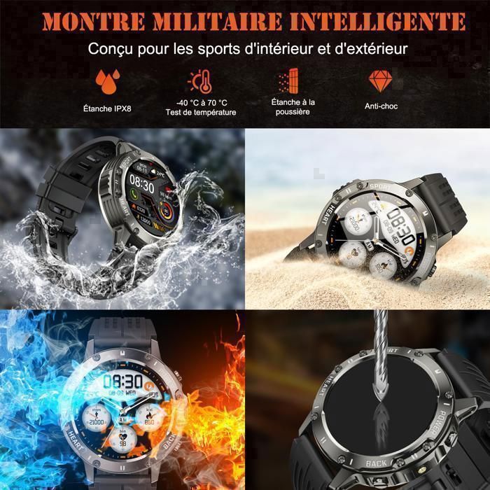 Montre Connectée Homme - IP68 Verre antirayures - Bluetooth 5,3 - 800mAh - 120+ Sport modes - 200+ cadrans pour iOS Android