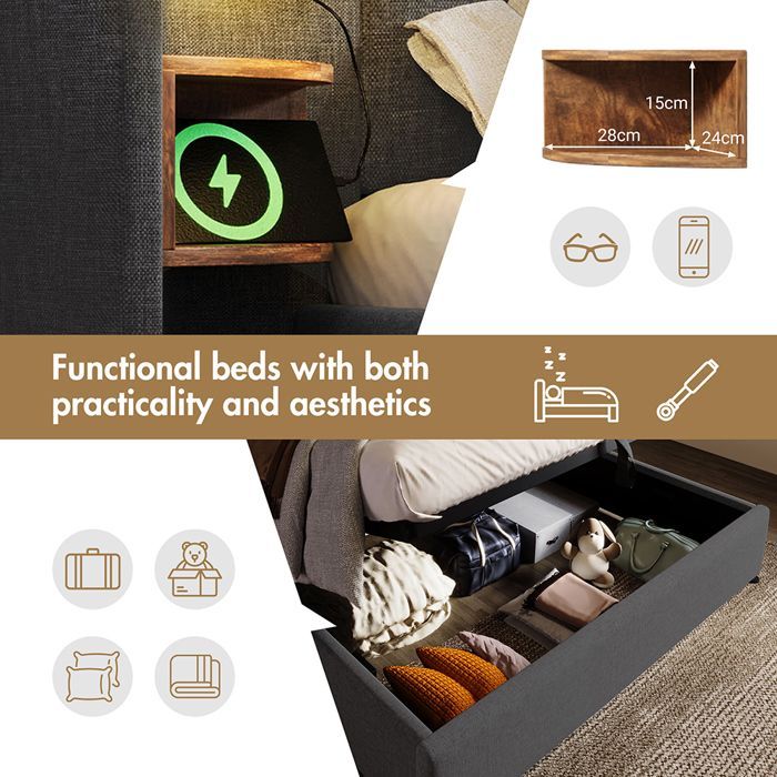 Lit rembourré double 180x200 cm avec dossier long, table de chevet, lampe de lecture, USB Type-C, coffre de rangement, lin, gris