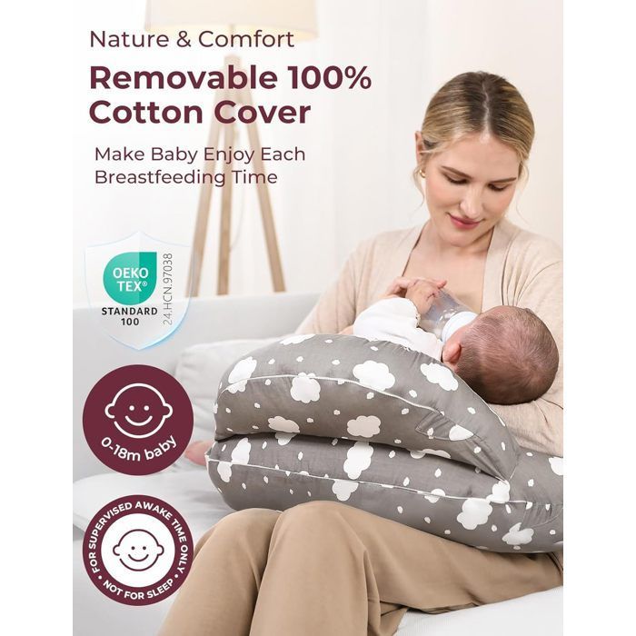 Nursing pillow with safety edge - 100% cotton removable cover - Adjustable strap for baby and mother