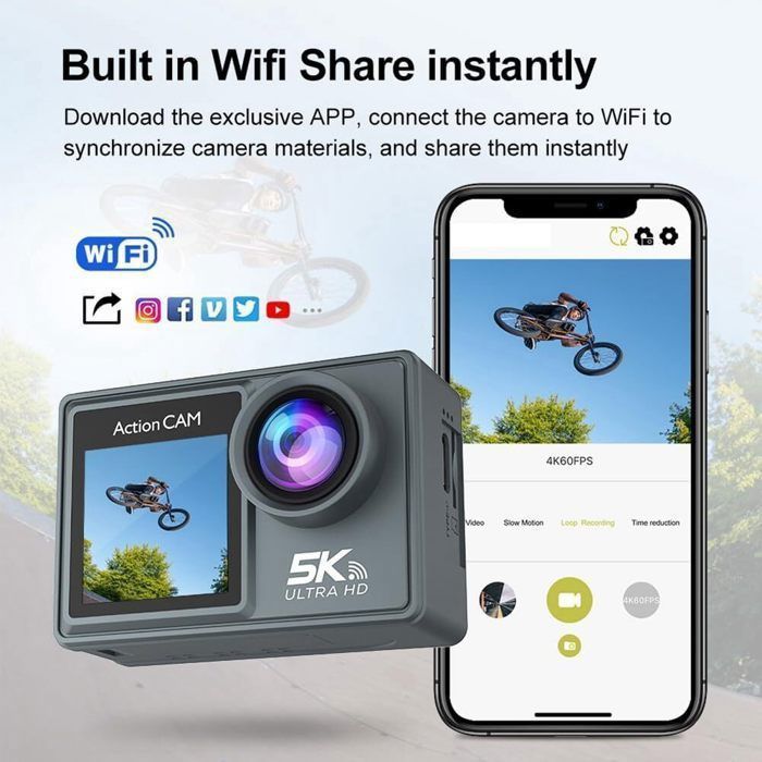 Cámara de acción 5K a 30 FPS con micrófono inalámbrico, doble pantalla, 50 MP, EIS, 2 baterías, resistente al agua hasta 40 m, con accesorios.