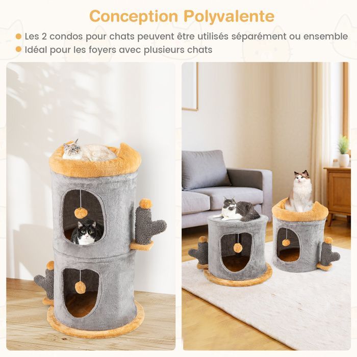 COSTWAY Lindo rascador para gatos de 2 niveles, 2 casitas, 2 pelotas de peluche colgantes, percha superior, escondite en forma de barril.