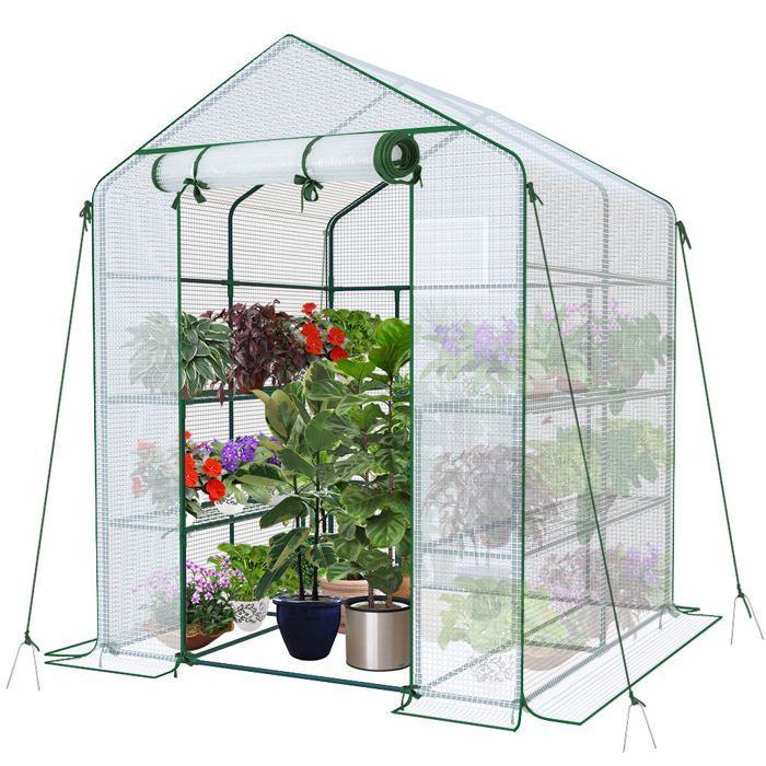 VOUNOT® Serre de jardin avec étagères 143x143x195cm blanc - bâche renforcée 135g/m² - fenêtre moustiquaire - porte enroulable