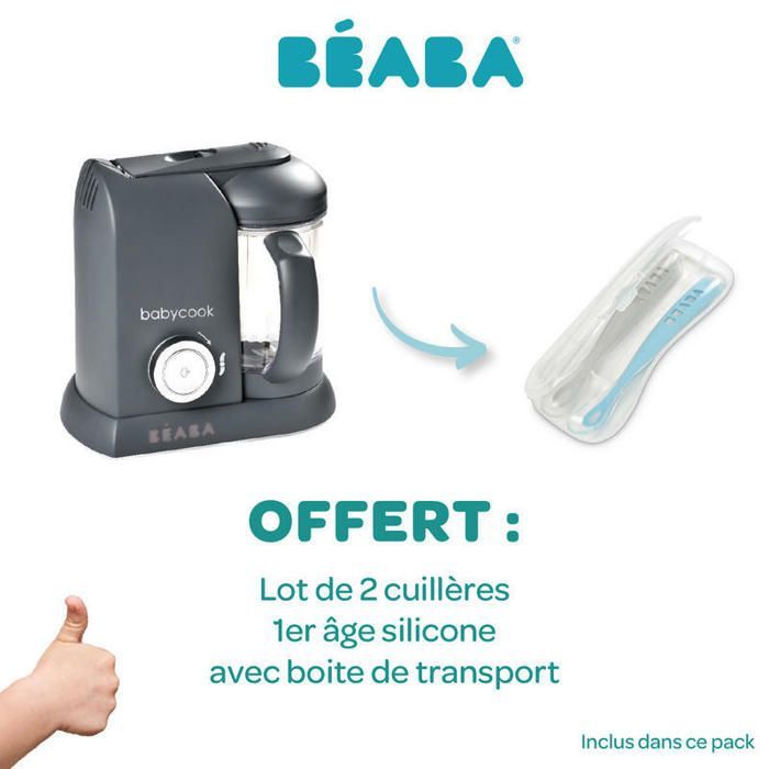 BEABA - Babycook SOLO Confezione Grigio Scuro + Set di 2 Cucchiaini per Bambini e Scatola BEABA