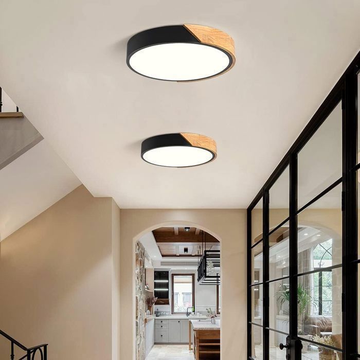 DELIPOP Plafonnier LED moderne 24W 6500K Noir Lampe de Plafond bois Rond chambre salle à manger cuisine - Lumière blanche - Dia