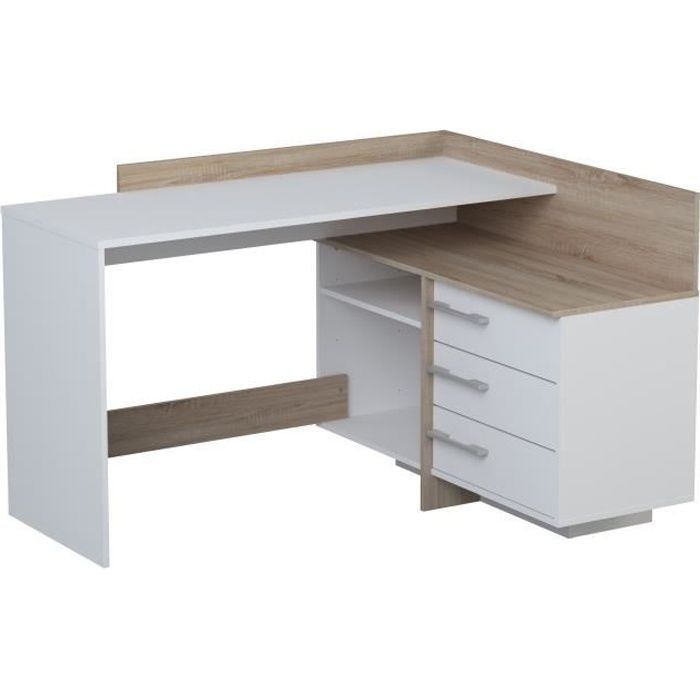 Escritorio esquinero con 3 cajones - Acabado en roble y blanco - 128,5 x 105,7 x 83,2 cm (ancho x profundidad x alto) - THALES