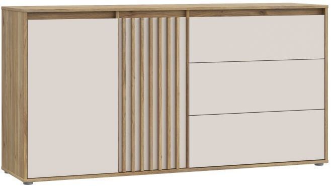 Buffet ELISTON - Blanc Mat & Chêne – 2 Portes + 3 Tiroirs – L 159,6 × P 41,5 × H 81,7 cm