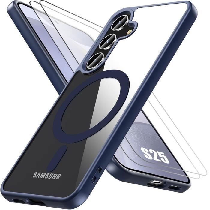 Hoesje en 2 screenprotectors van gehard glas voor Samsung Galaxy S25, beschermhoes met magnetische ring - Marineblauw