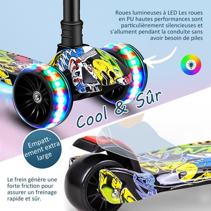 Children's Scooter for Ages 3-12, Wheels 3 Wheels, LED Flashing Lights, Adjustable Height, Maximum 100 kg
