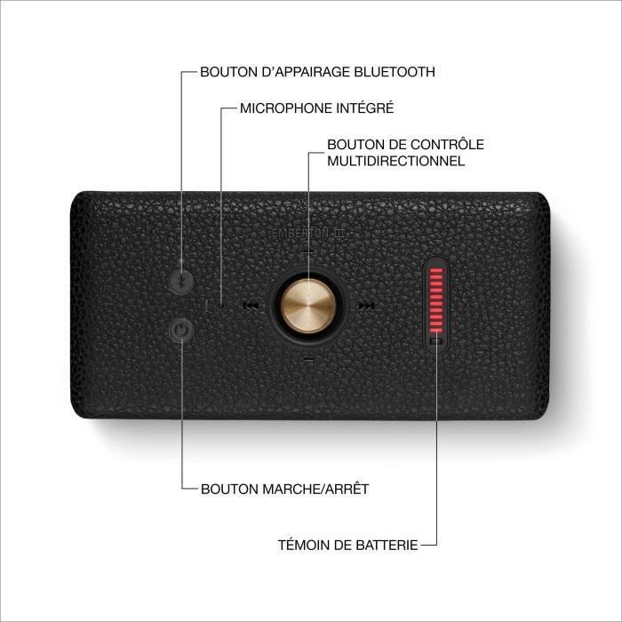 MARSHALL EMBERTON III - Altavoz inalámbrico portátil - Más de 32 horas de duración de la batería - Bluetooth - Negro y latón