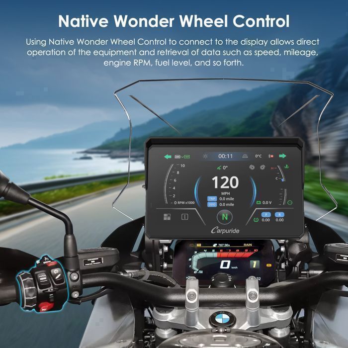 CARPURIDE W502BS Pro Radio para motocicleta de 5” con CarPlay y Android Auto, compatible con motocicletas BMW, pantalla táctil impermeable IP67, Native Wonder