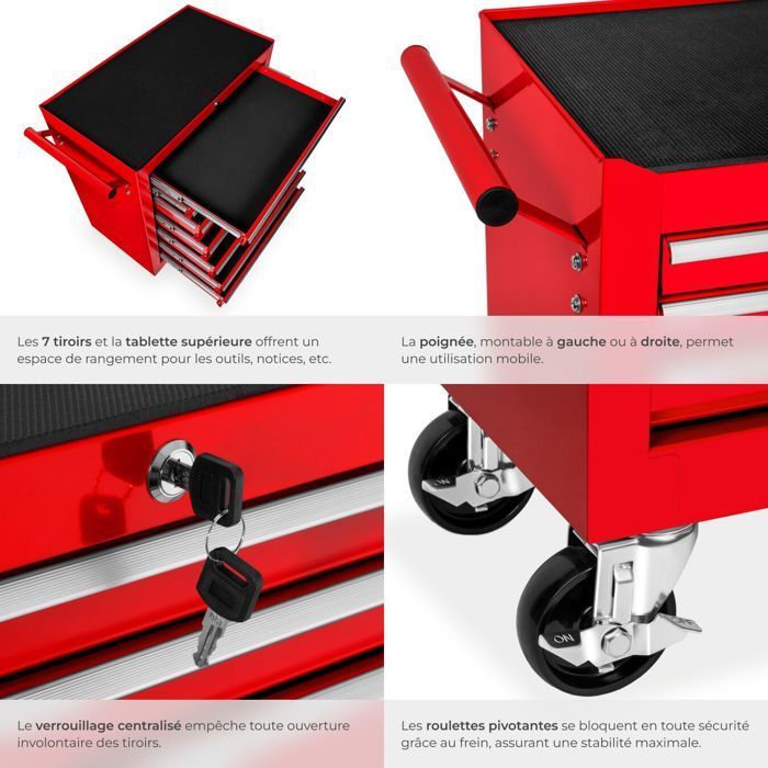 Carrello da officina - TECTAKE - Carrello da officina in acciaio con 7 cassetti, 69 x 33 x 79 cm - Rosso