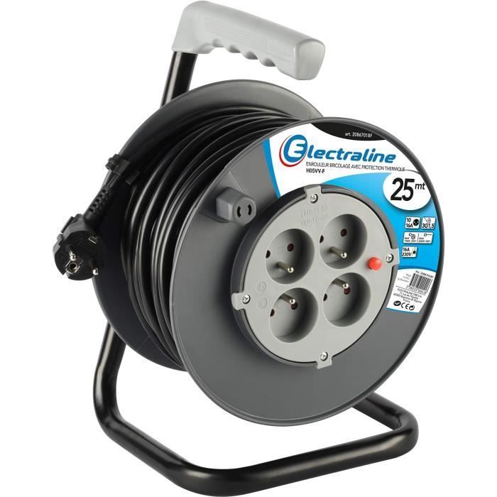 Avvolgicavo elettrico - ELECTRALINE - 25 m - 4 prese - Interruttore termico - Nero e blu
