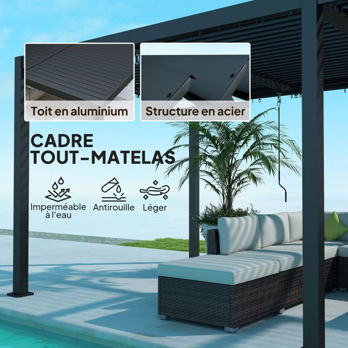 Bioclimatic pergola - Outsunny - crank-operated louvers - adjustable aluminum roof and hooks - 3 x 6 m - grey