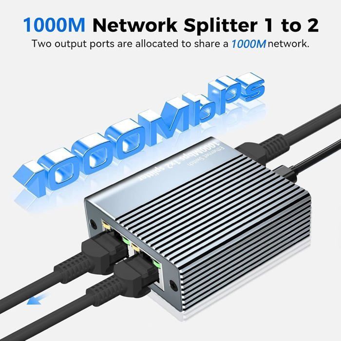 1 to 2 Ethernet Switch, 2-Port RJ45 Ethernet Splitter Network Switch Gigabit Ethernet Splitter for Computers