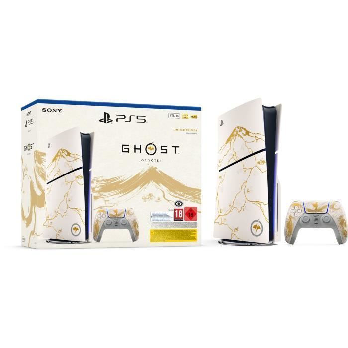 Pack PS5 Standard (avec lecteur CD) : Console PS5 (Slim) Édition limitée Ghost of Yōtei Gold + Jeu Ghost of Yōtei (code)