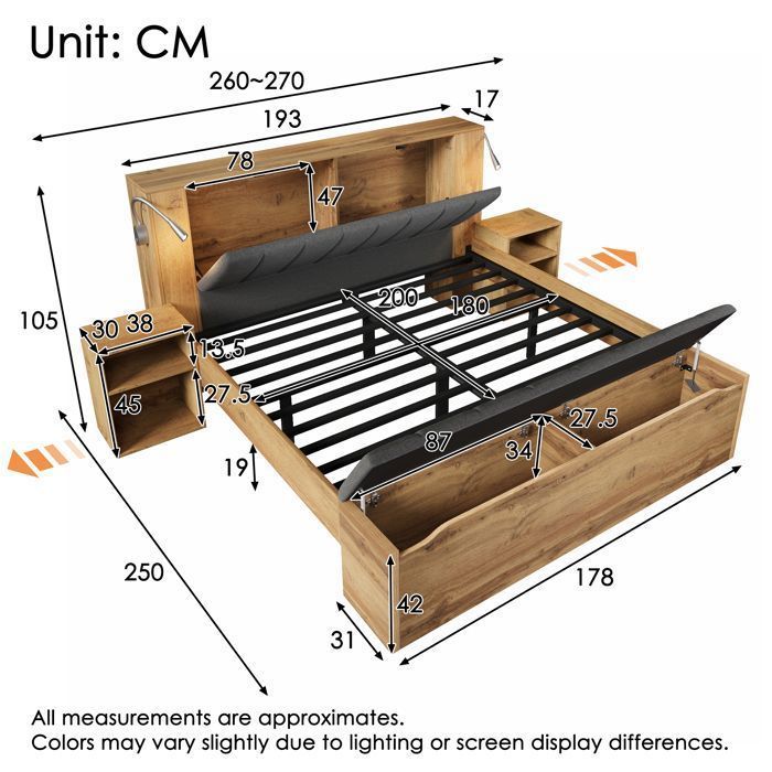 Lit Combiné 180x200 cm King Size avec Banc Coffre et 2 Tables de Chevet Lampes LED USB - Structure Métal et Bois Effet Chêne