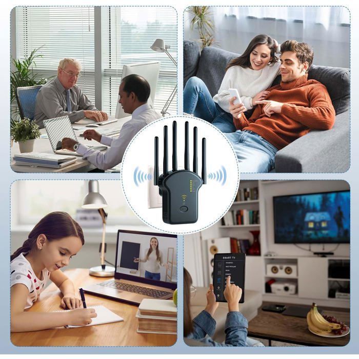 Repetidor Wi-Fi, amplificador Wi-Fi de 1200 Mbps, doble banda 2,4 GHz + 5 GHz, 6 antenas, con puerto LAN/WAN (negro)