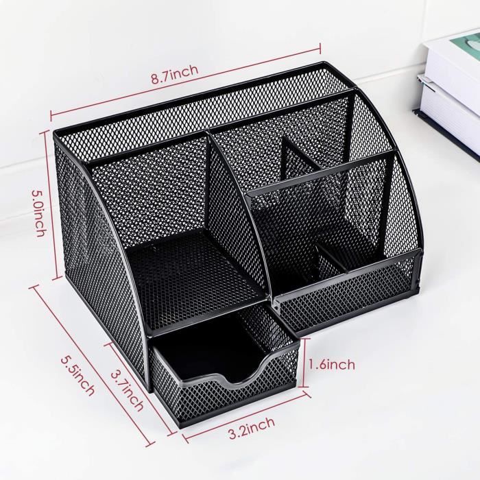 Organizador de escritorio - ZGEER - Caja de almacenamiento - 6 compartimentos - Malla metálica - Negro