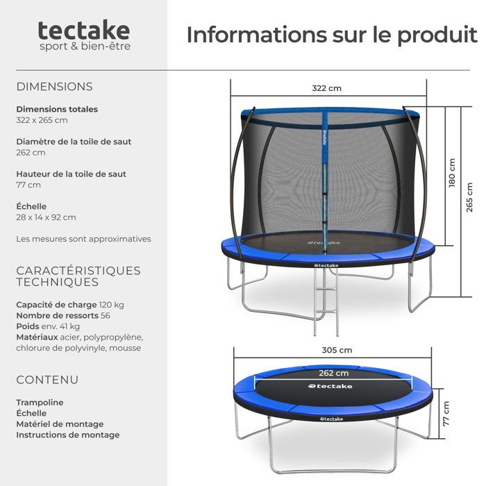 Trampoline - TECTAKE - JUMPY stalen trampoline met veiligheidsnet, 305 cm diameter - Zwart/blauw