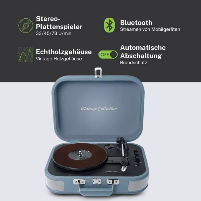 Platine Vinyle USB MT-201, Bluetooth, Haut-Parleurs Intégrés, Lecture Vinyles, Entrée Aux, Valise Portable