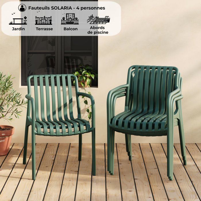 Juego de 4 sillas de jardín - SOLARIA - Apilables - Polipropileno reforzado - 55 x 58 x 81 cm - Verde caqui