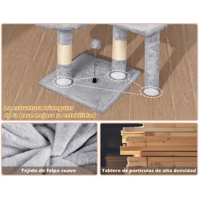 Gris Arbre à Chat,112cmTour de Jeux Stable pour Chat,Arbre à Grimper Multi-Niveaux avec4Poteaux en Sisal,3Plateformes