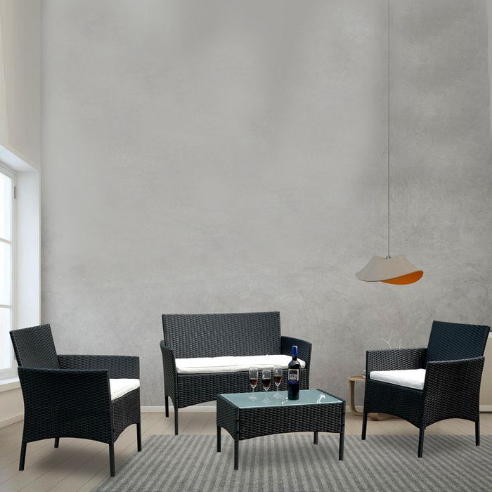 Set di mobili da giardino Riossad composto da 4 pezzi: 2 poltrone, 1 divano a due posti e 1 tavolo, colore nero, set da salotto basso da giardino.