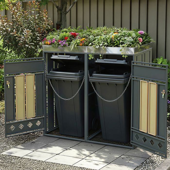 HOMVRA Abri pour Poubelle, Cache-Poubelles 2 Compartiments avec Bac à Fleurs, Design Verrouillables, Acier, Gris et Aspect Bois