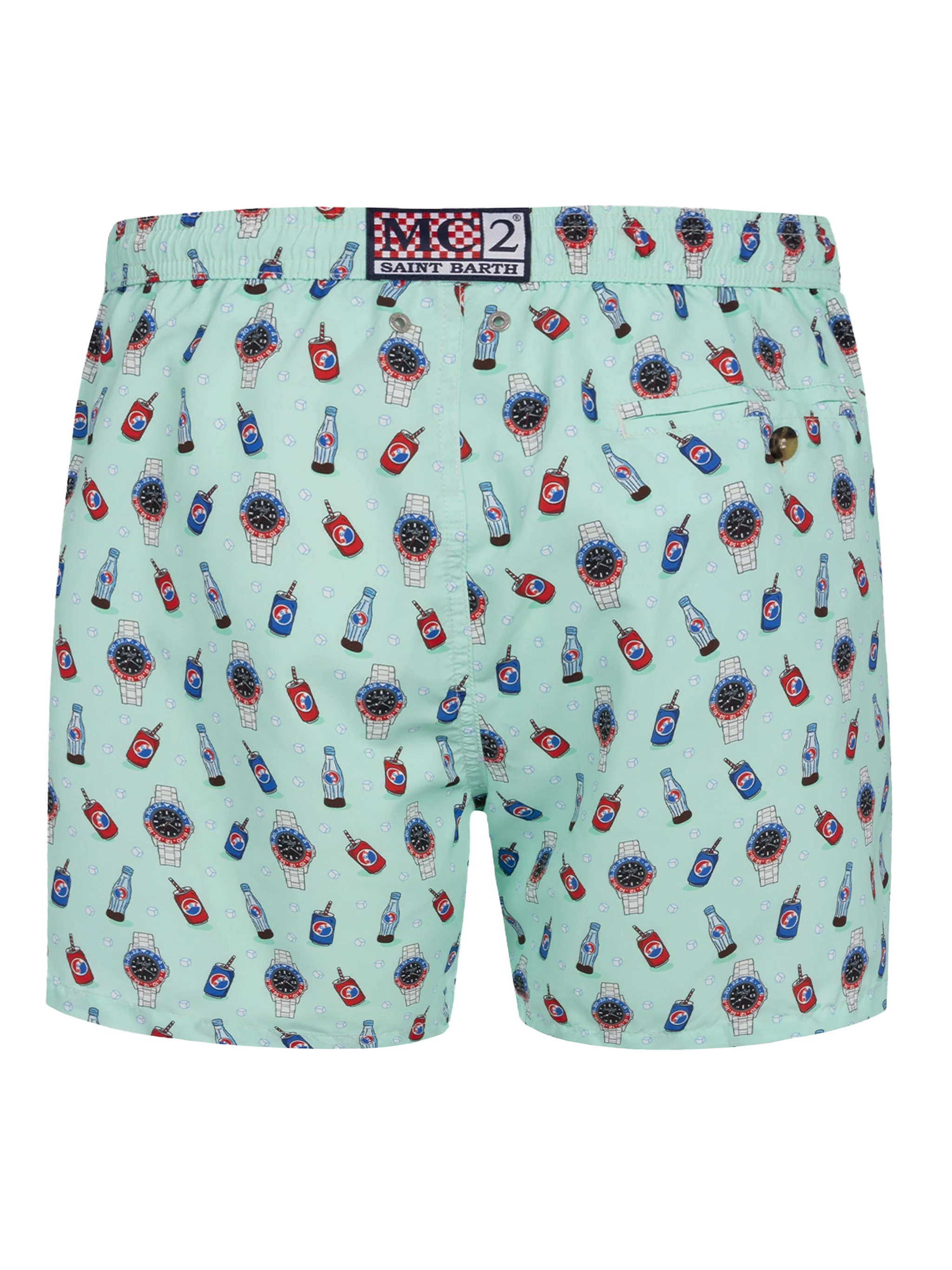 Man Lighting Mid-Length Swim Shorts | Watches & Drink All-Over Print | Sage Green Backcloth | Lightweight, Quick Drying | MC2 Saint Barth