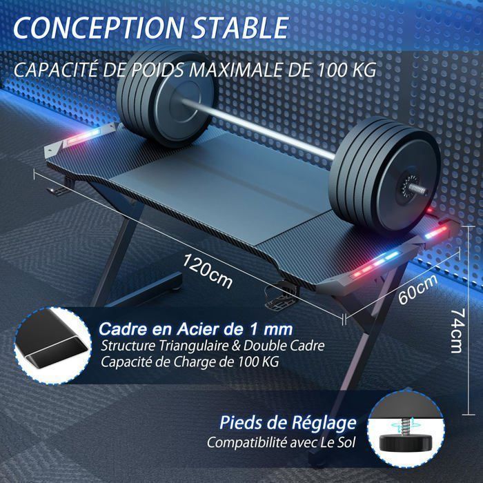 HLONONE LED Mesa Gaming 120 × 60 cm, Bureau Gamer Ergonomique en Fibre de Carbone, Noir