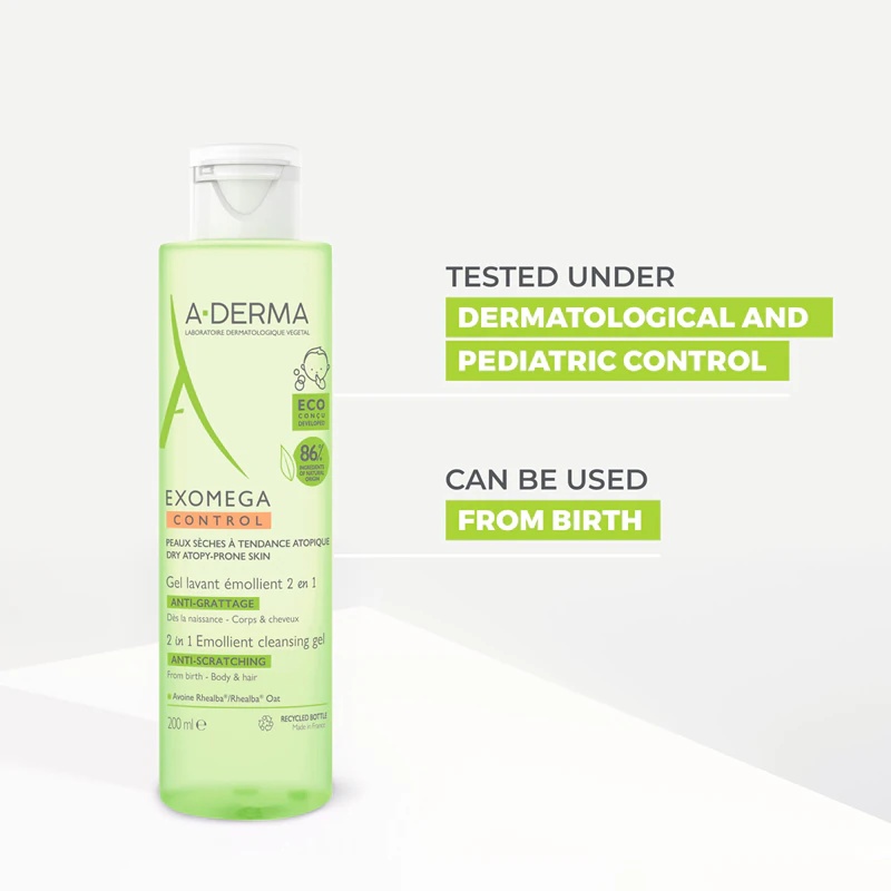 A-Derma Exomega Control 2 in 1 minkštinamasis valomasis dušo gelis sausai ir atopinei odai
