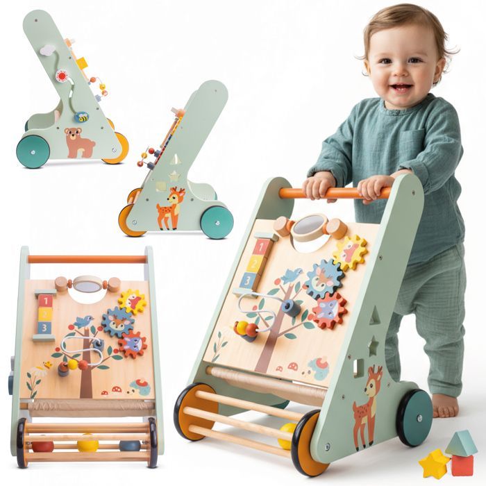 Houten loopstoel voor baby's vanaf 12 maanden met activiteitenpaneel inclusief sorteerder, in elkaar grijpende kralen en cijferblokken.