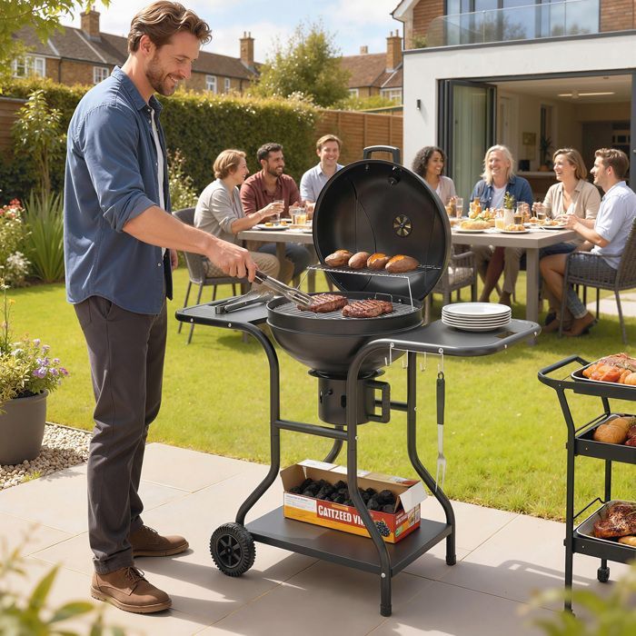 Barbecue rotondo a carbone - Outsunny - con coperchio, termometro, ripiani laterali, ripiano inferiore - 129 x 63,5 x 106,5 cm, nero
