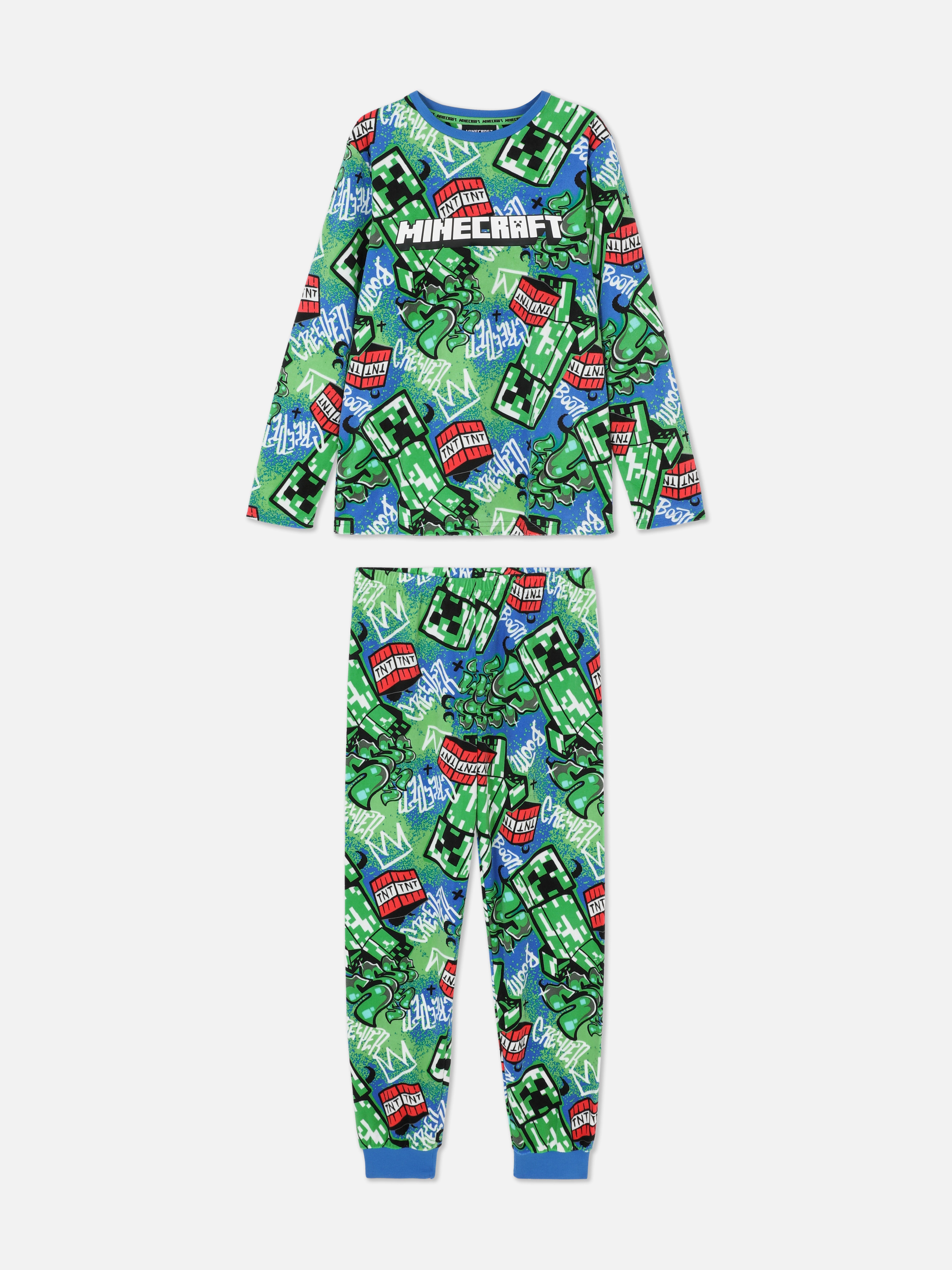 Set de pijamale Minecraft cu tricou și pantaloni. Acest set de pijamale, format dintr-un tricou și pantaloni confortabili, are un imprimeu Minecraft cool.