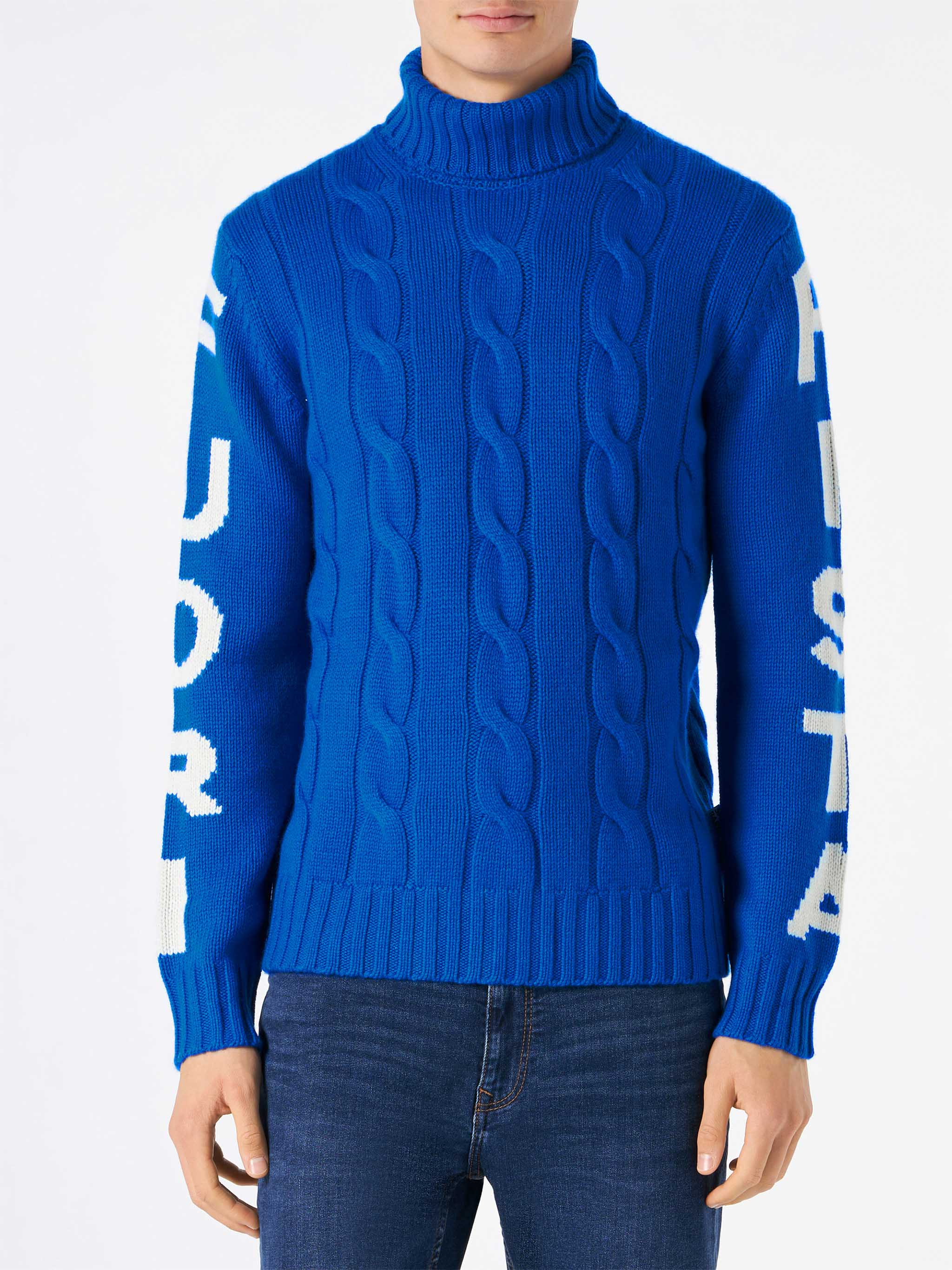 Jersey de punto trenzado de cuello alto jacquard para hombre, estilo off-piste