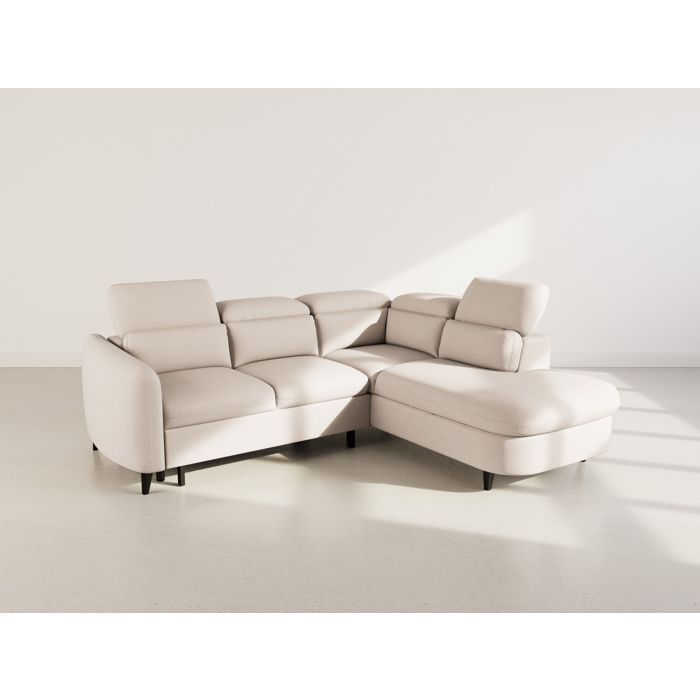 Opaline - Canapé d'angle droit 5 places convertible avec têtières et coffre en tissu texturé - Beige