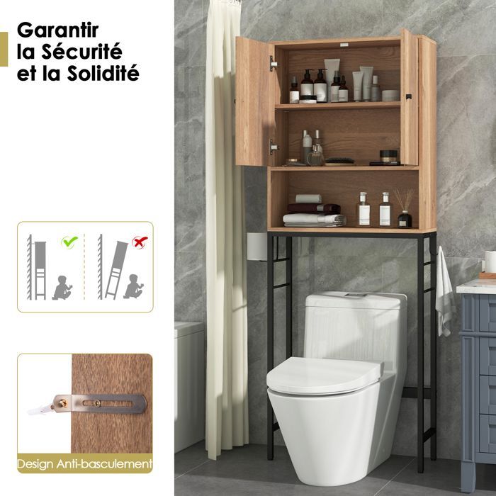 Armario para inodoro GOPLUS - Unidad de almacenamiento sobre el inodoro, compartimento abierto - Estante ajustable, para cuarto de lavado, color natural