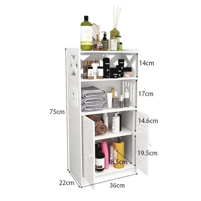 Armário de banheiro HUOLE com duas portas e duas prateleiras, compacto, 75*22*36cm, branco.