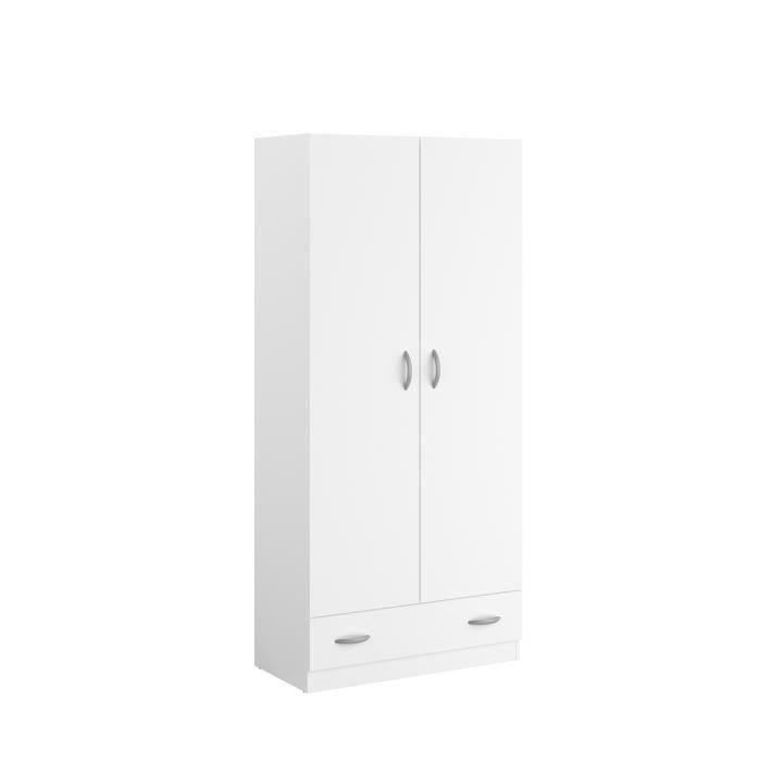 PARISOT Armoire 2 portes battantes + 1 tiroir - Panneaux de particules - Décor Blanc - L 78 cm x P 38 cm x H 170 cm - VARIA